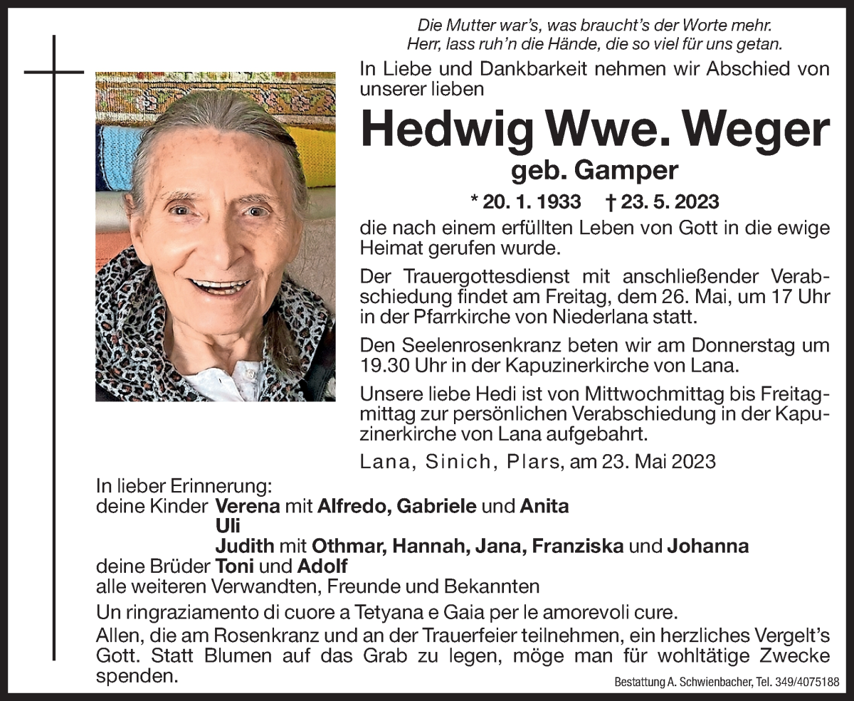  Traueranzeige für Hedwig Weger vom 24.05.2023 aus Dolomiten