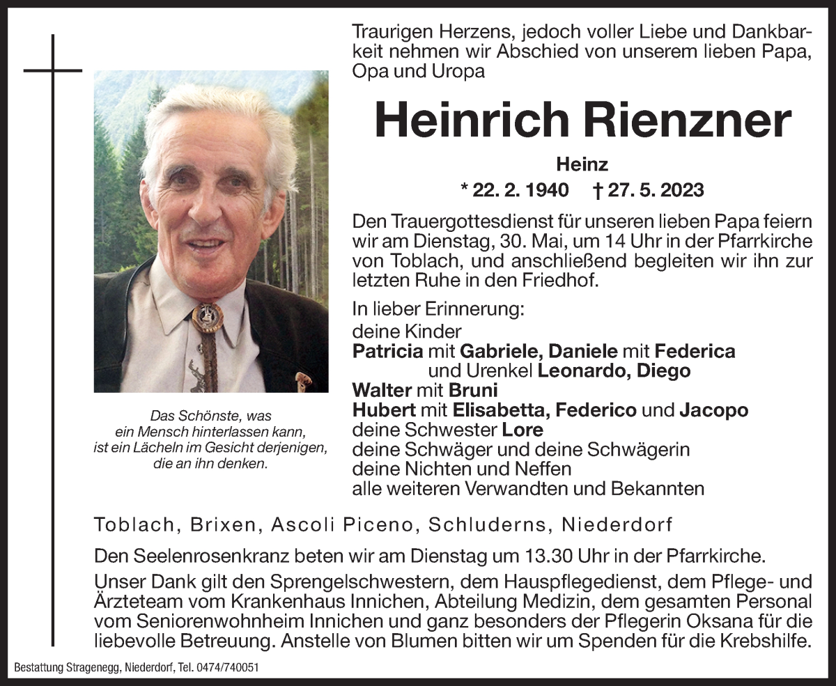  Traueranzeige für Heinrich Rienzner vom 30.05.2023 aus Dolomiten