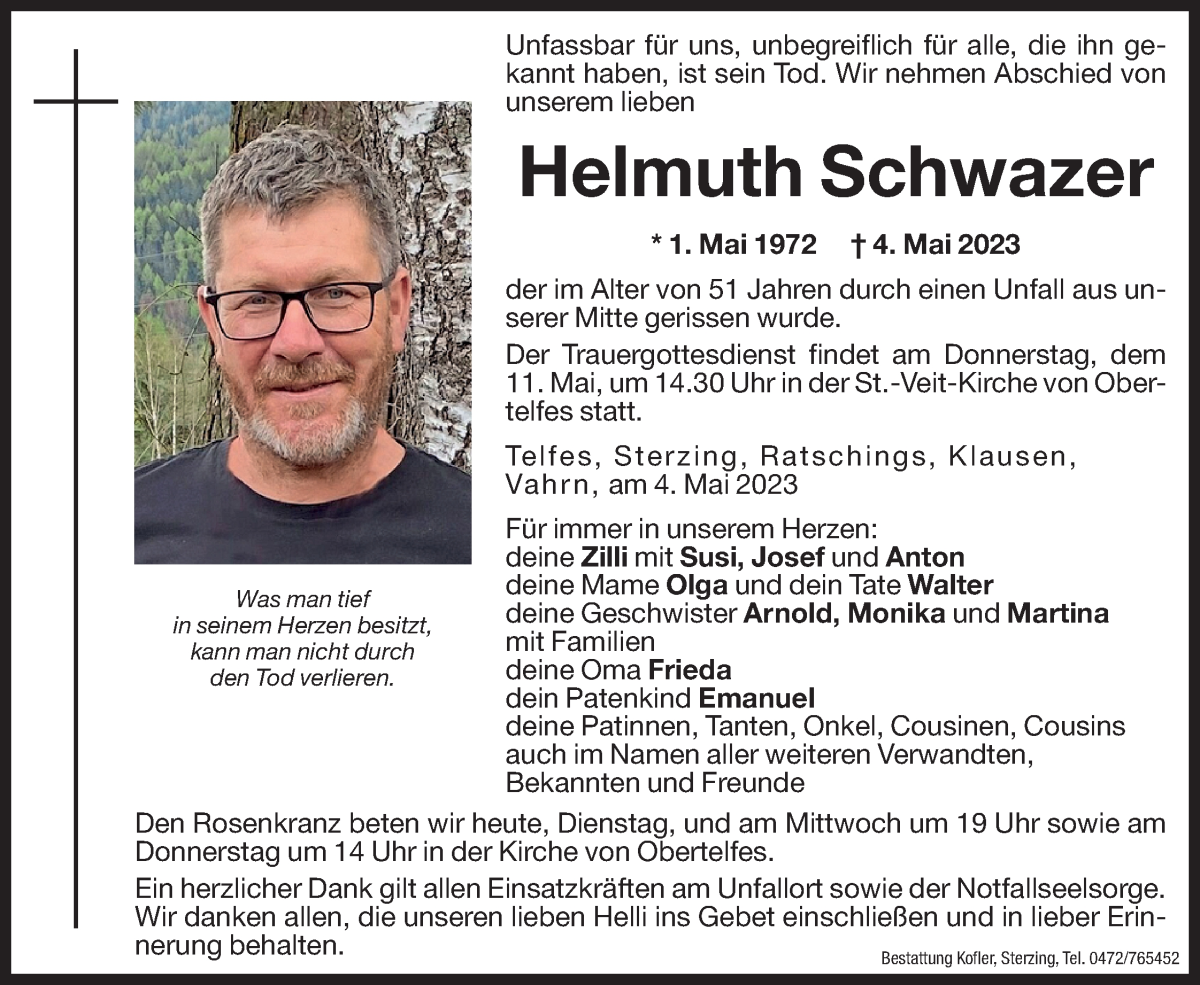  Traueranzeige für Helmuth Schwazer vom 09.05.2023 aus Dolomiten