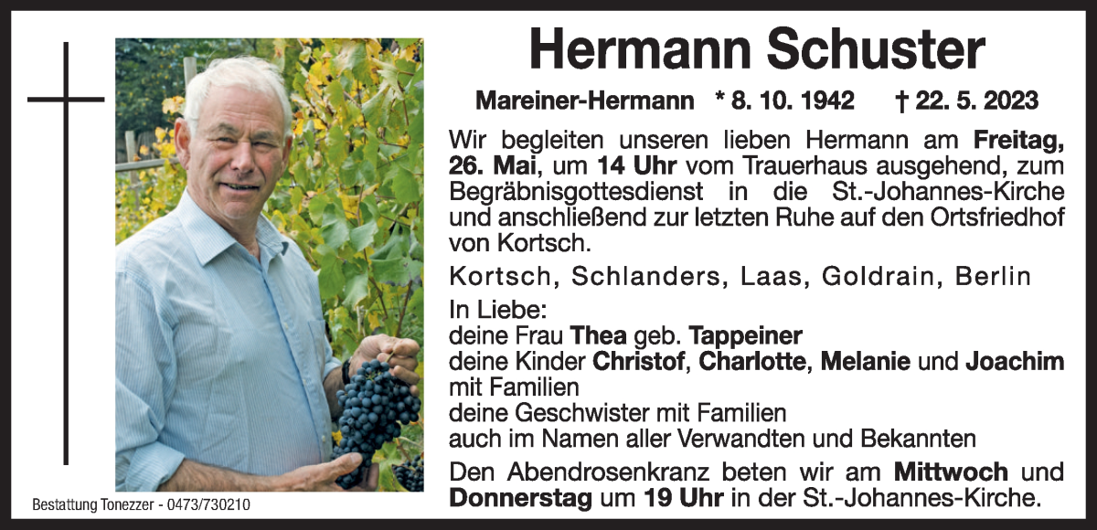  Traueranzeige für Hermann Schuster vom 24.05.2023 aus Dolomiten