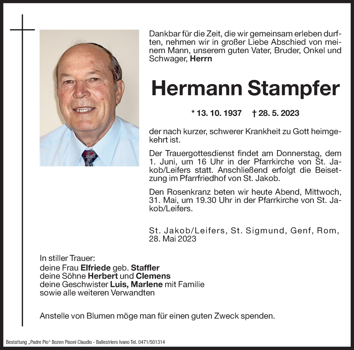  Traueranzeige für Hermann Stampfer vom 31.05.2023 aus Dolomiten