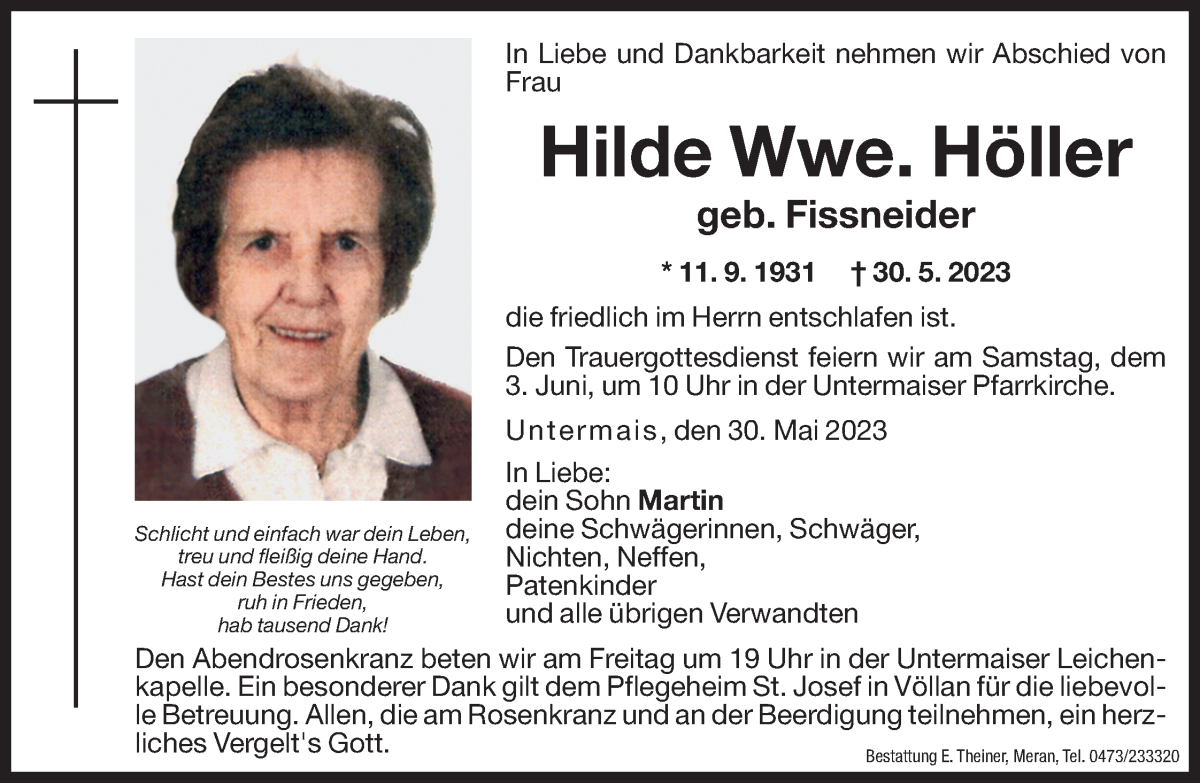  Traueranzeige für Hilde Höller vom 31.05.2023 aus Dolomiten