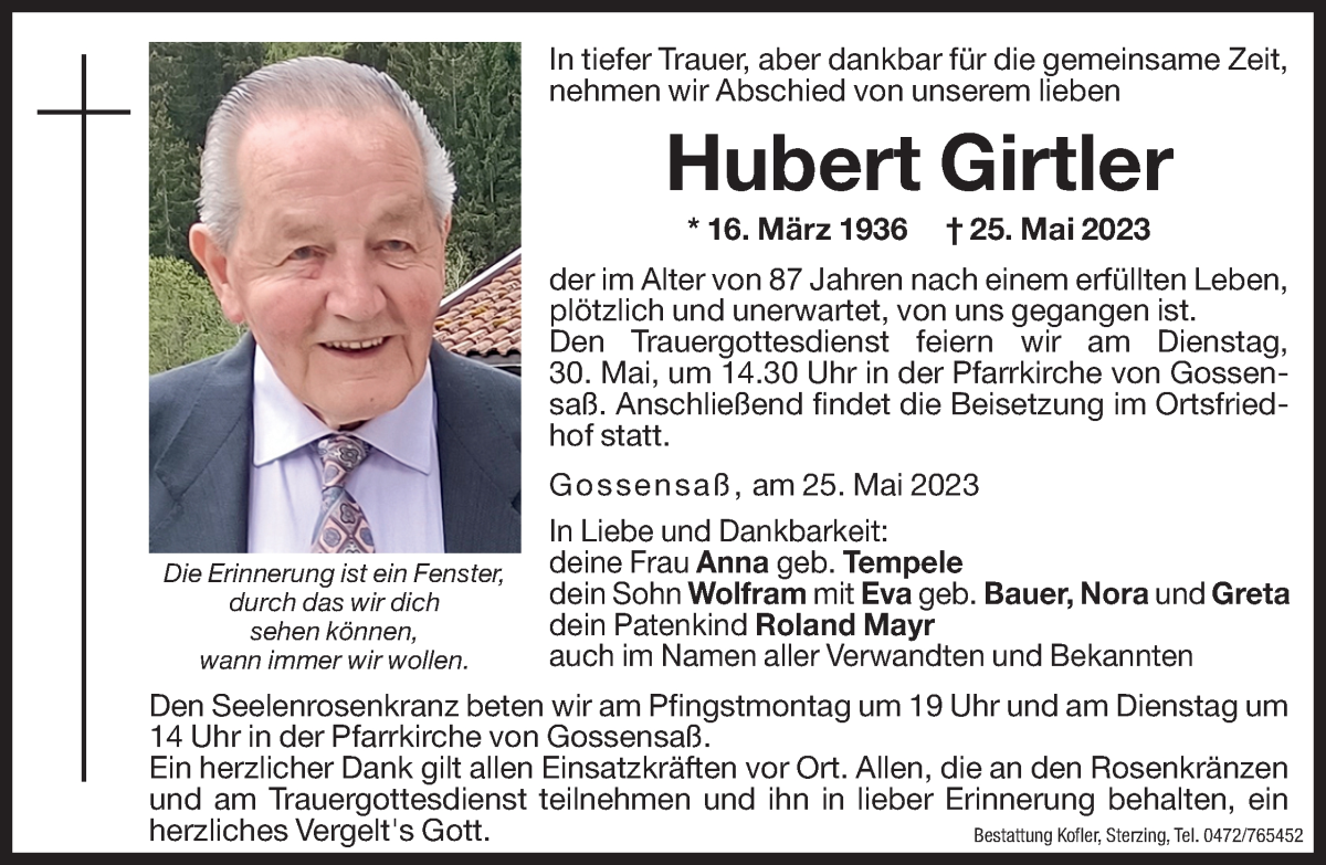  Traueranzeige für Hubert Girtler vom 27.05.2023 aus Dolomiten