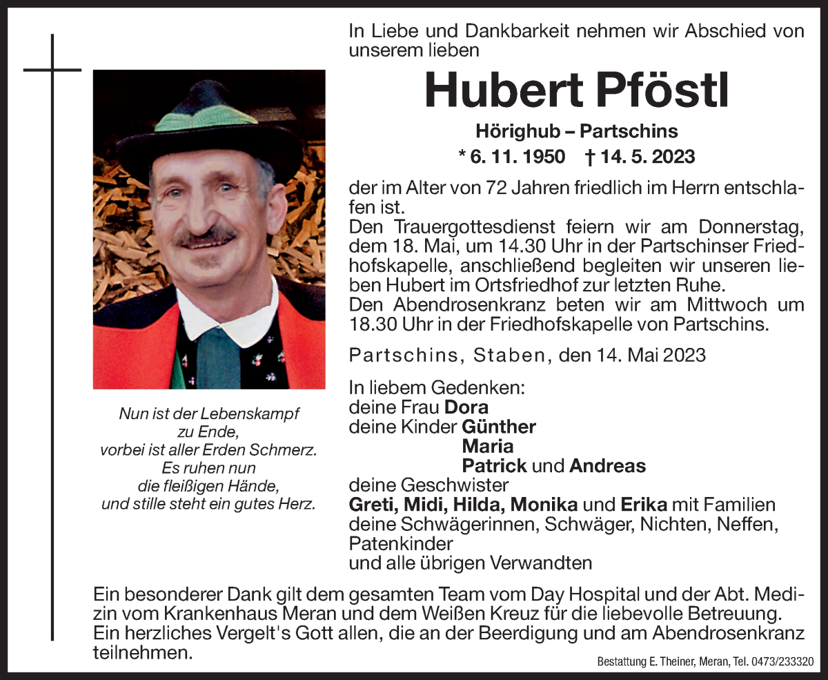  Traueranzeige für Hubert Pföstl vom 16.05.2023 aus Dolomiten