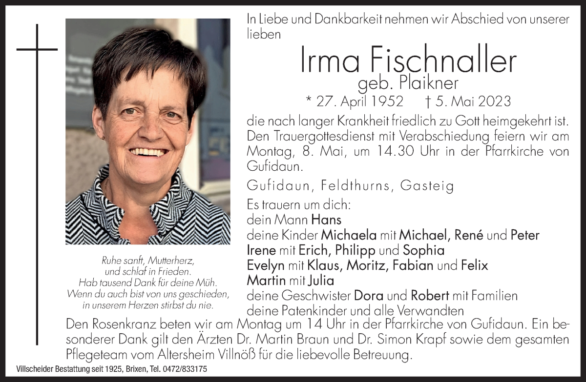  Traueranzeige für Irma Fischnaller vom 08.05.2023 aus Dolomiten