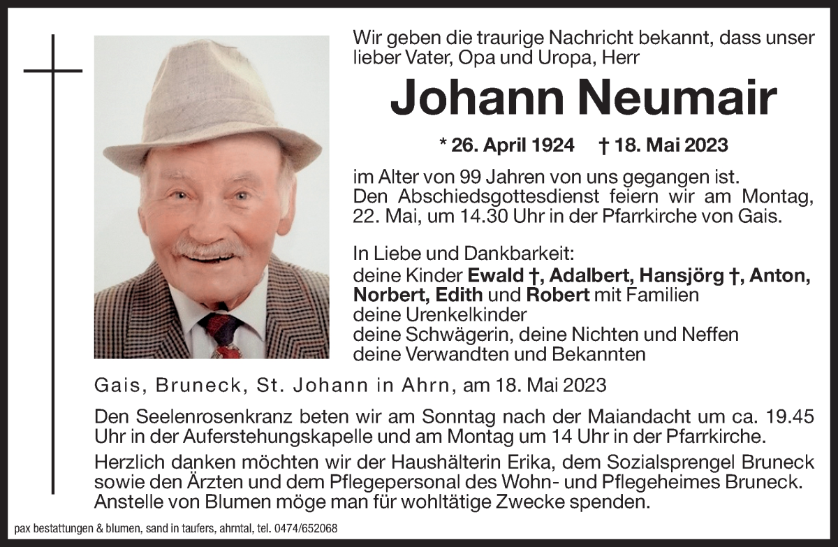  Traueranzeige für Johann Neumair vom 20.05.2023 aus Dolomiten