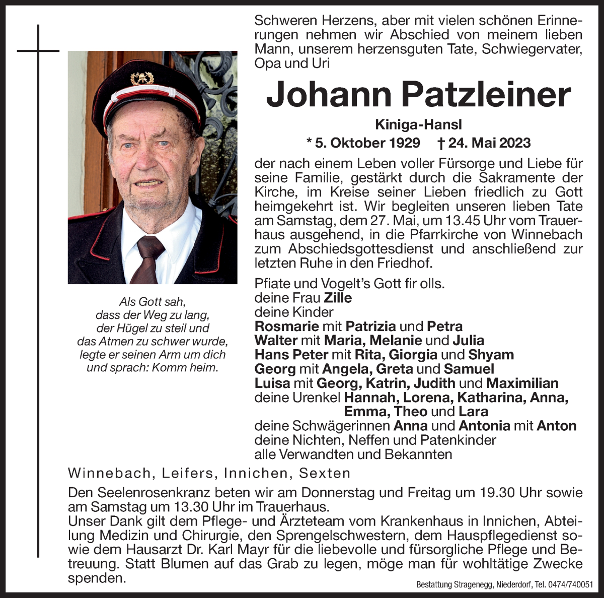  Traueranzeige für Johann Patzleiner vom 25.05.2023 aus Dolomiten