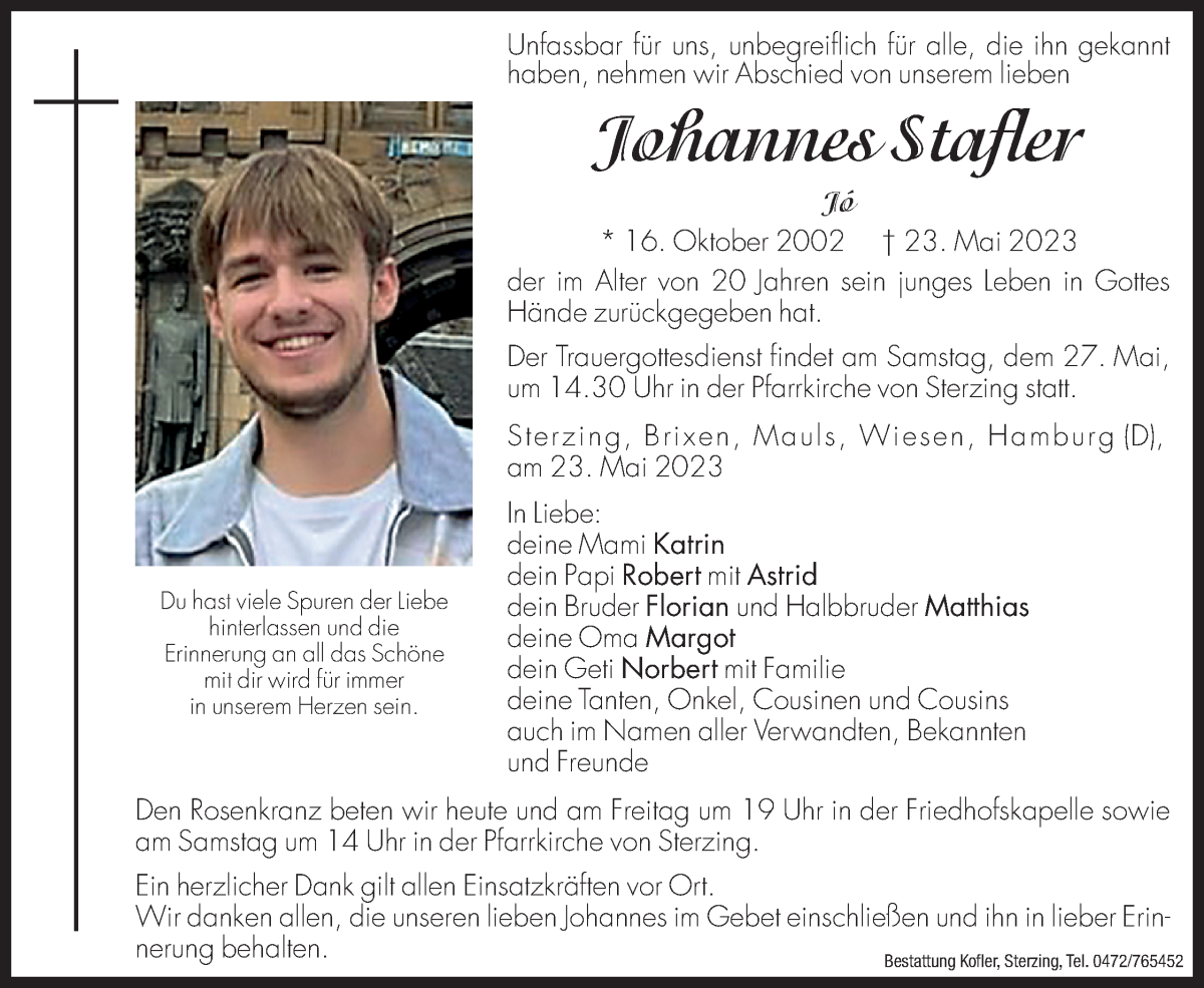  Traueranzeige für Johannes Stafler vom 25.05.2023 aus Dolomiten