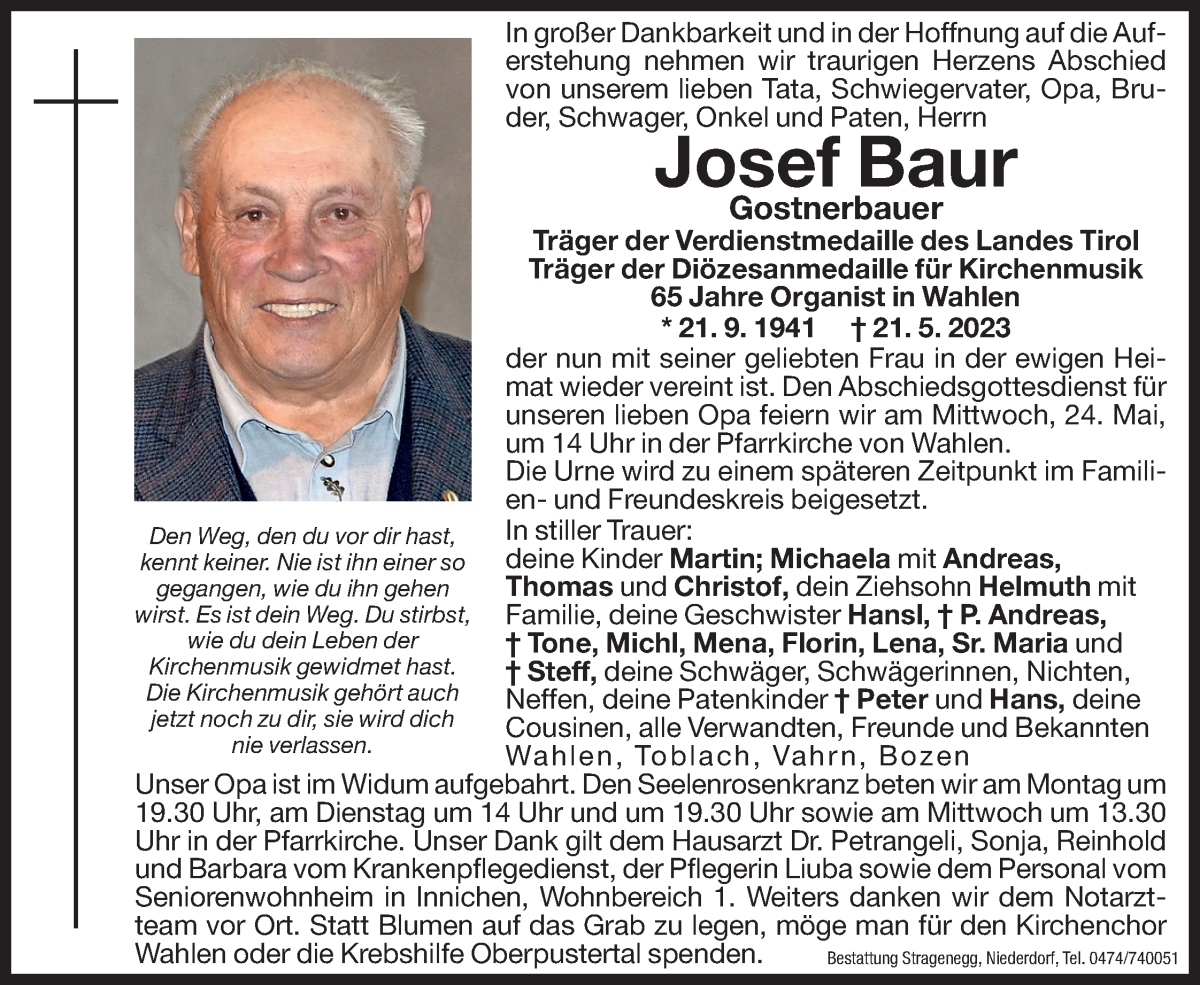  Traueranzeige für Josef Baur vom 22.05.2023 aus Dolomiten