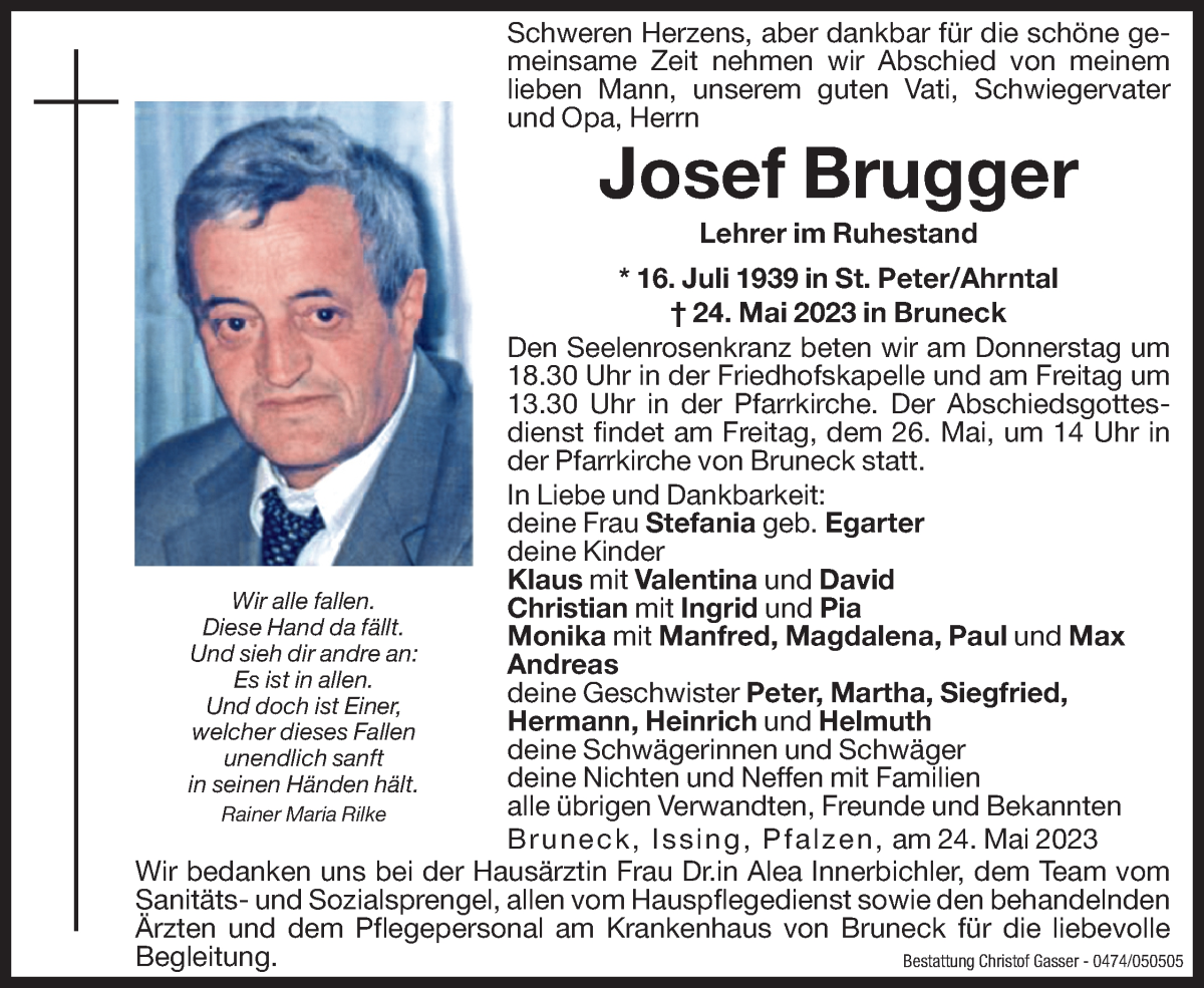  Traueranzeige für Josef Brugger vom 25.05.2023 aus Dolomiten