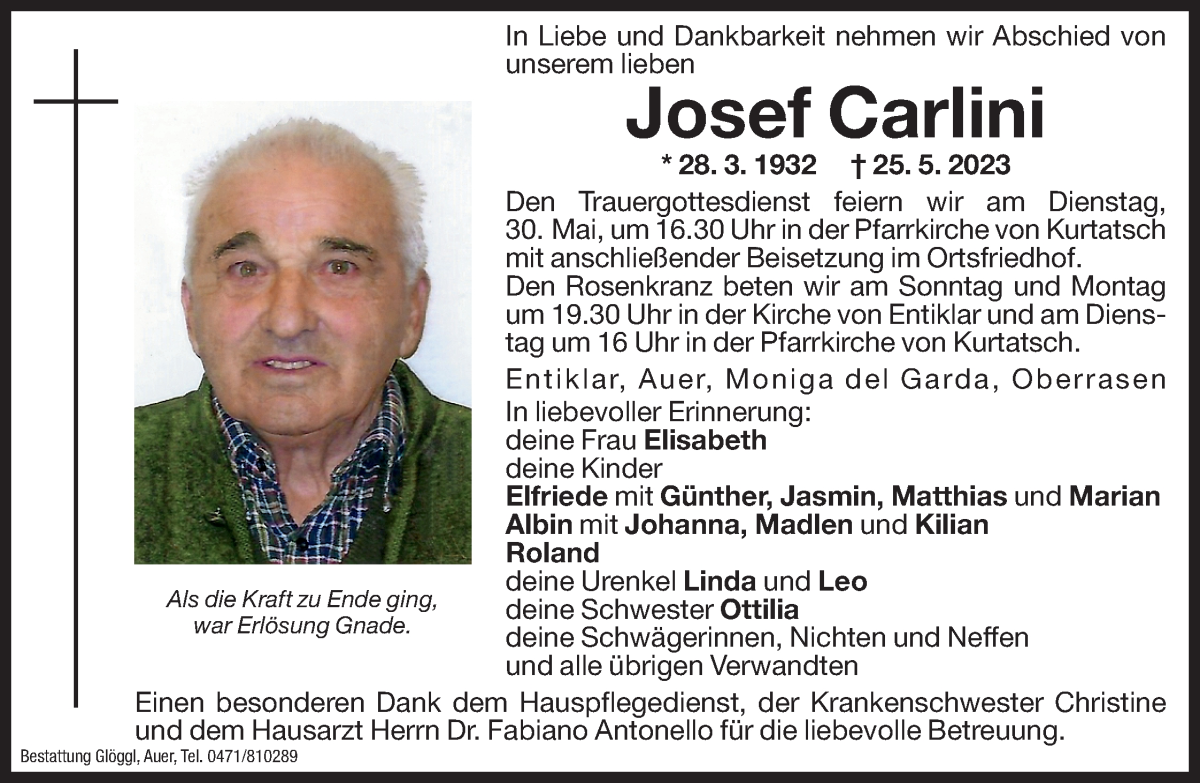  Traueranzeige für Josef Carlini vom 27.05.2023 aus Dolomiten