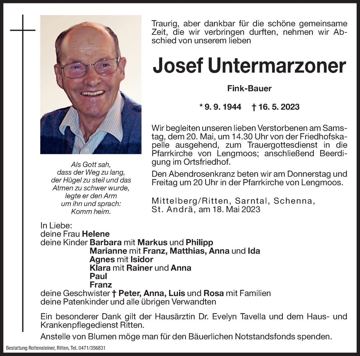  Traueranzeige für Josef Untermarzoner vom 18.05.2023 aus Dolomiten