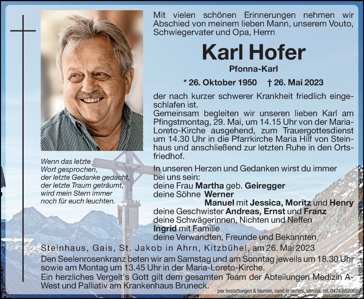  Traueranzeige für Karl Hofer vom 27.05.2023 aus Dolomiten