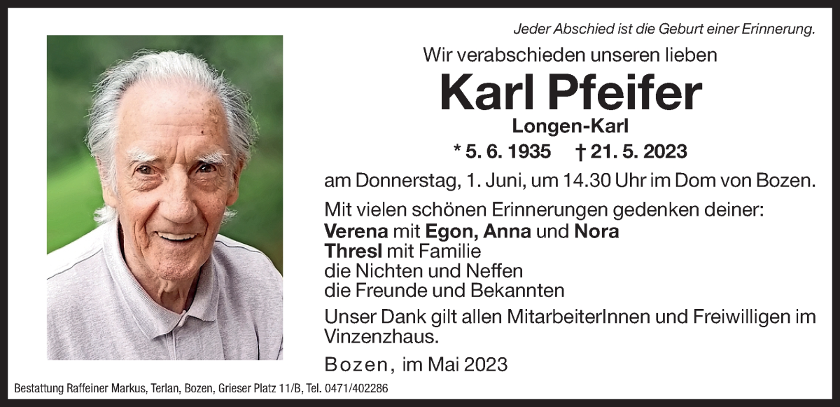  Traueranzeige für Karl Pfeifer vom 27.05.2023 aus Dolomiten