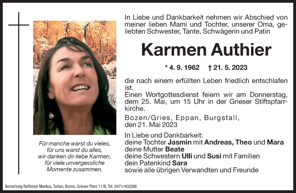 Traueranzeige von Karmen Authier von Dolomiten