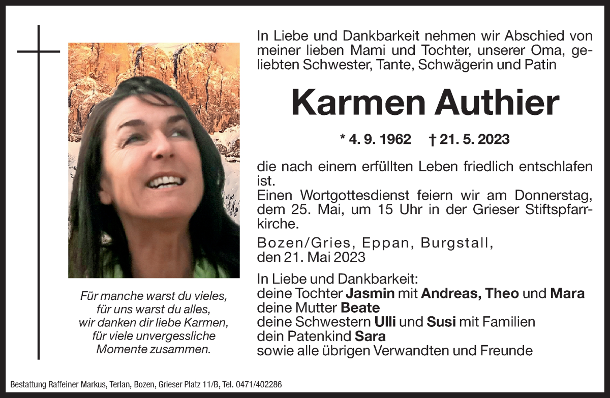  Traueranzeige für Karmen Authier vom 23.05.2023 aus Dolomiten