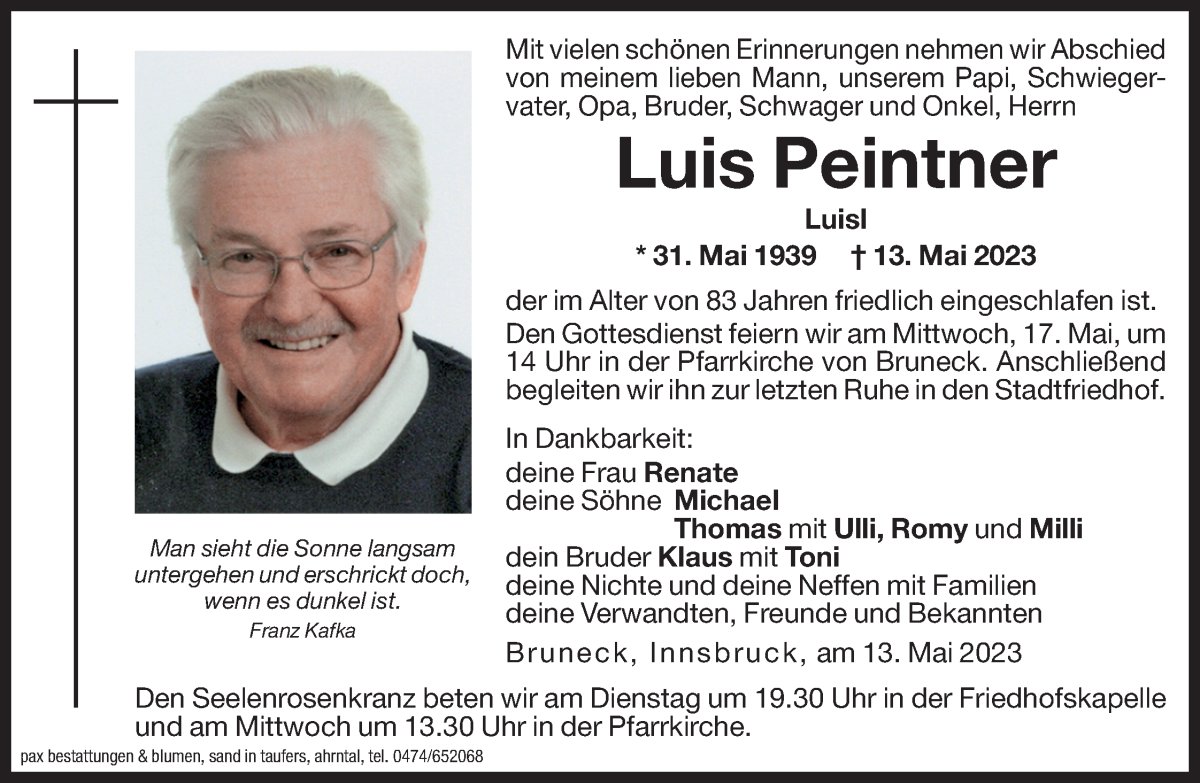  Traueranzeige für Luis Peintner vom 15.05.2023 aus Dolomiten
