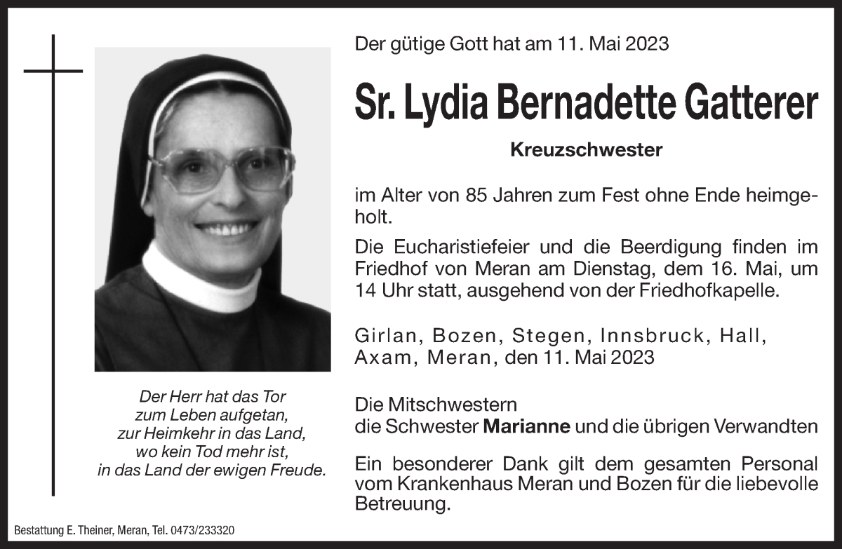  Traueranzeige für Lydia Bernadette Gatterer vom 13.05.2023 aus Dolomiten