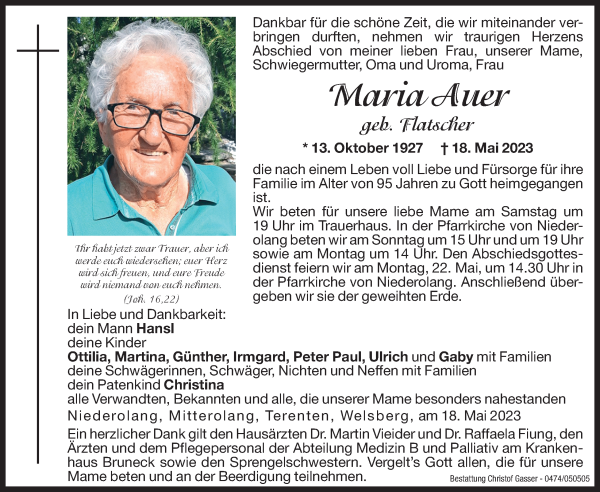 Traueranzeige von Maria Auer von Dolomiten