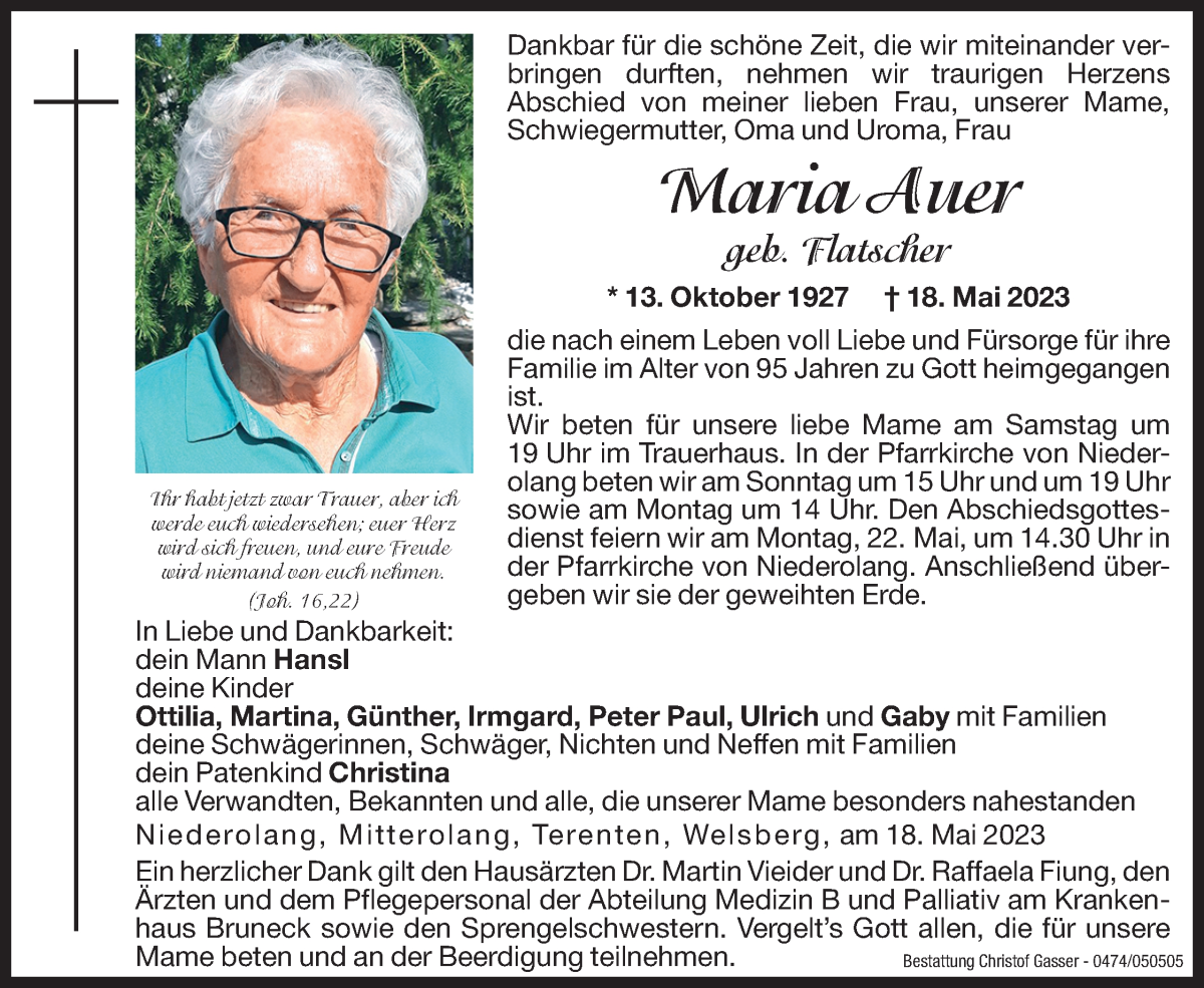  Traueranzeige für Maria Auer vom 20.05.2023 aus Dolomiten