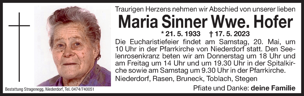  Traueranzeige für Maria Hofer vom 18.05.2023 aus Dolomiten