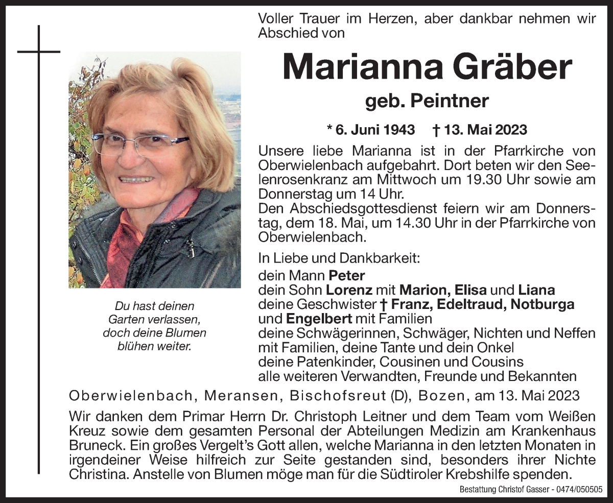  Traueranzeige für Marianna Gräber vom 17.05.2023 aus Dolomiten