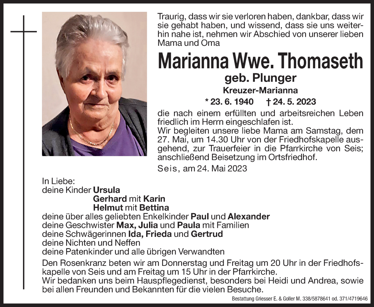  Traueranzeige für Marianna Thomaseth vom 25.05.2023 aus Dolomiten