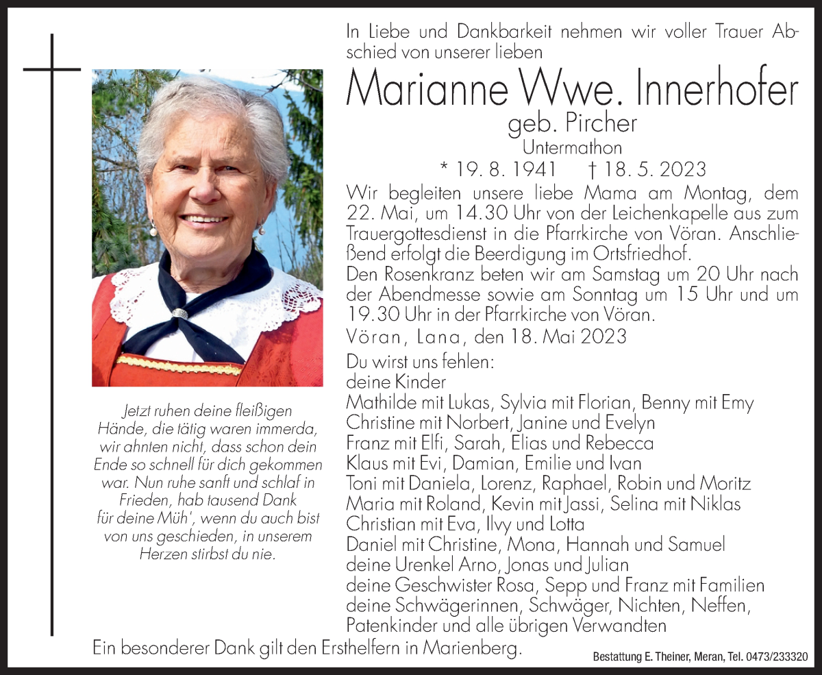  Traueranzeige für Marianne Innerhofer vom 20.05.2023 aus Dolomiten