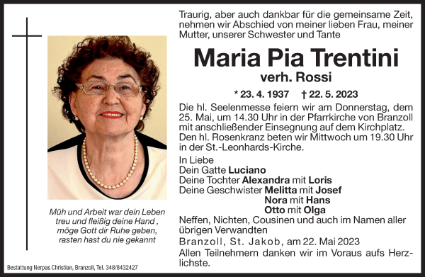 Traueranzeige von Maria Pia Trentini von Dolomiten