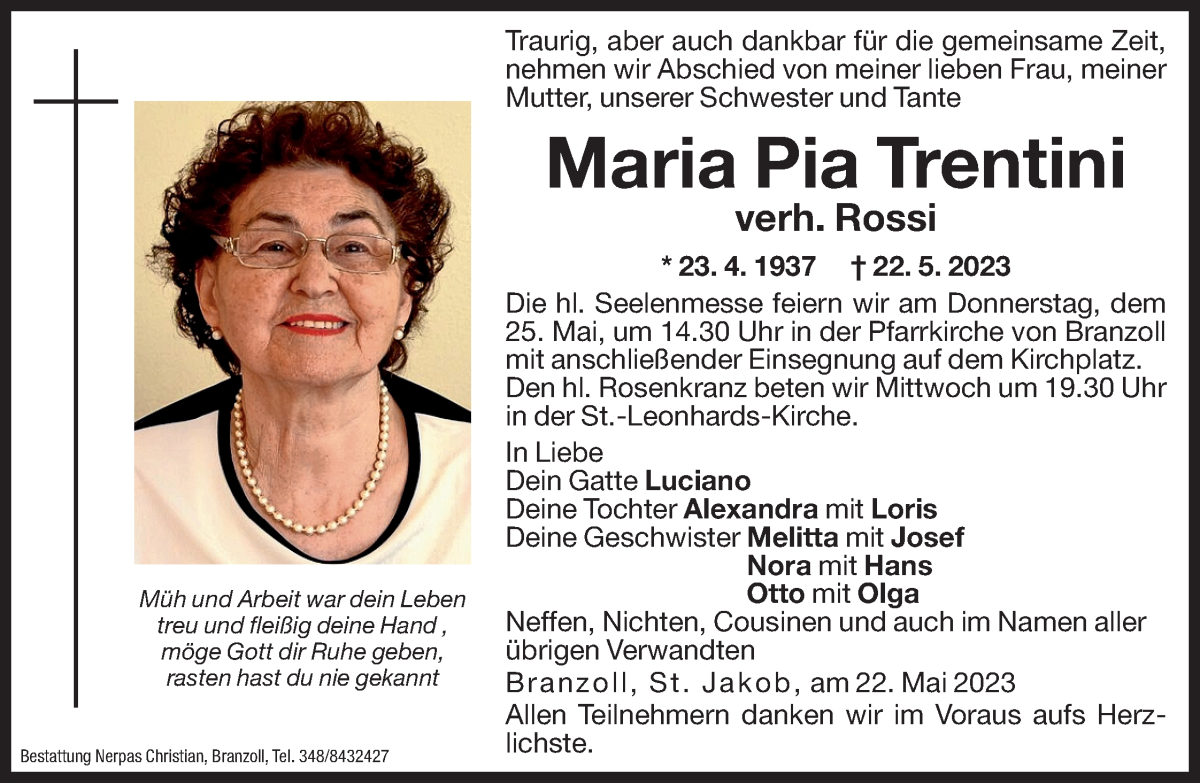  Traueranzeige für Maria Pia Trentini vom 23.05.2023 aus Dolomiten