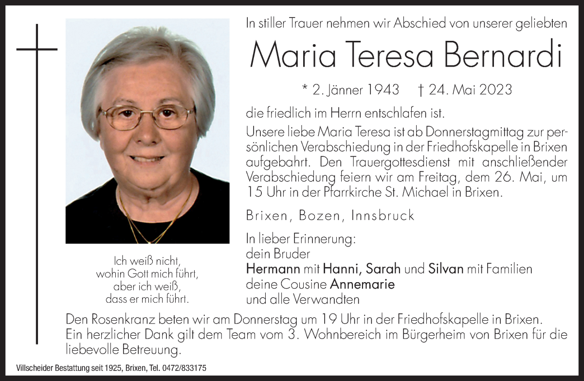  Traueranzeige für Maria Teresa Bernardi vom 25.05.2023 aus Dolomiten