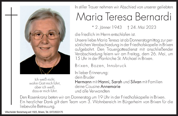 Traueranzeige von Maria Teresa Bernardi von Dolomiten