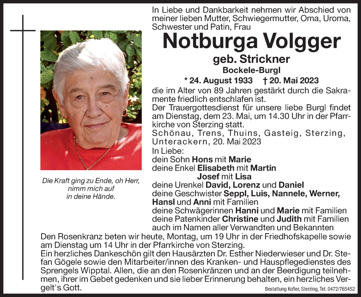  Traueranzeige für Notburga Volgger vom 22.05.2023 aus Dolomiten