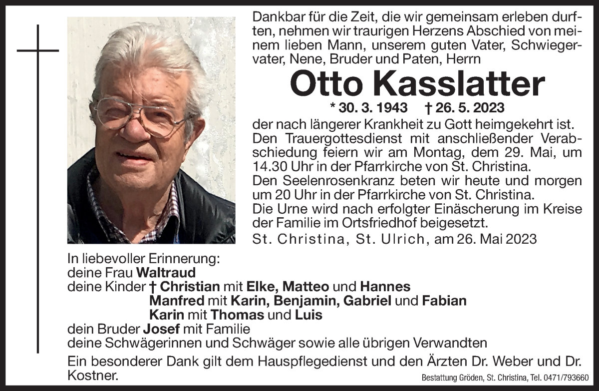 Traueranzeige für Otto Kasslatter vom 27.05.2023 aus Dolomiten
