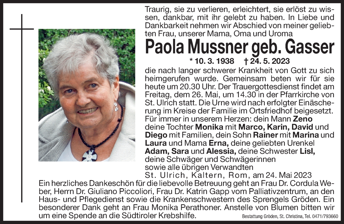  Traueranzeige für Paola Mussner vom 25.05.2023 aus Dolomiten