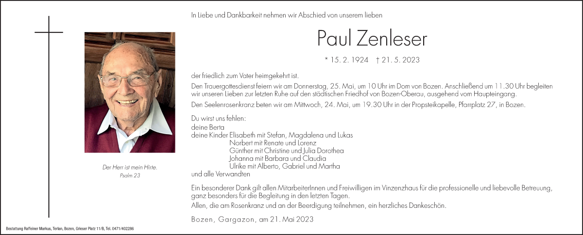  Traueranzeige für Paul Zenleser vom 23.05.2023 aus Dolomiten