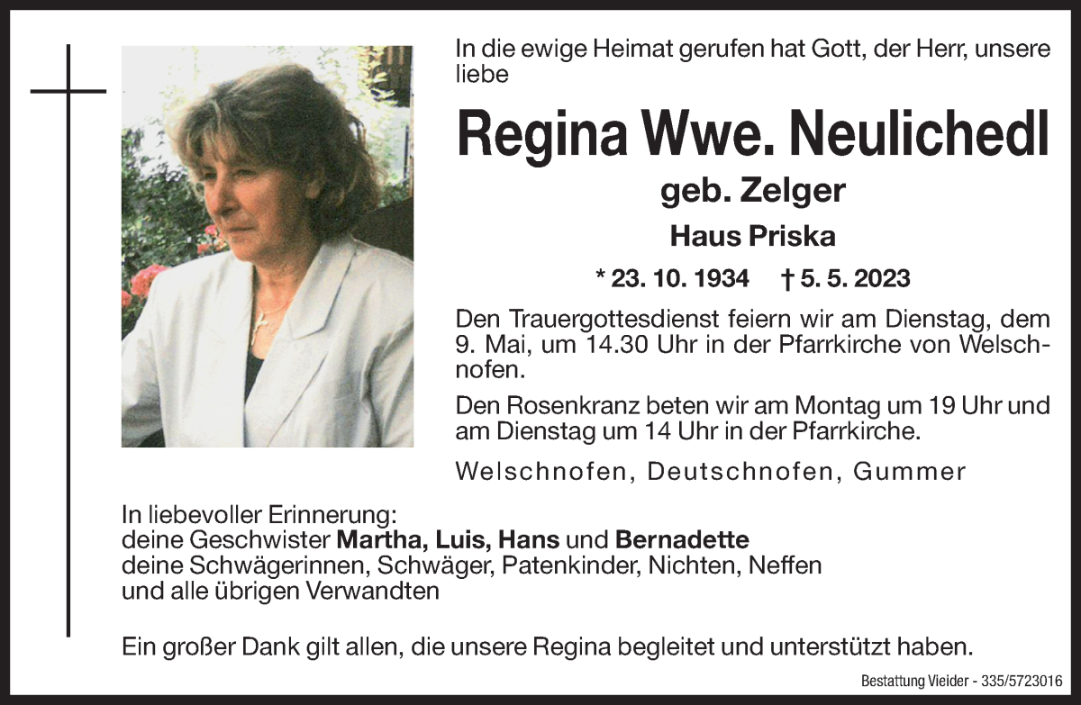  Traueranzeige für Regina Neulichedl vom 06.05.2023 aus Dolomiten