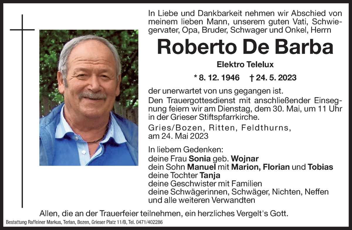  Traueranzeige für Roberto De Barba vom 27.05.2023 aus Dolomiten