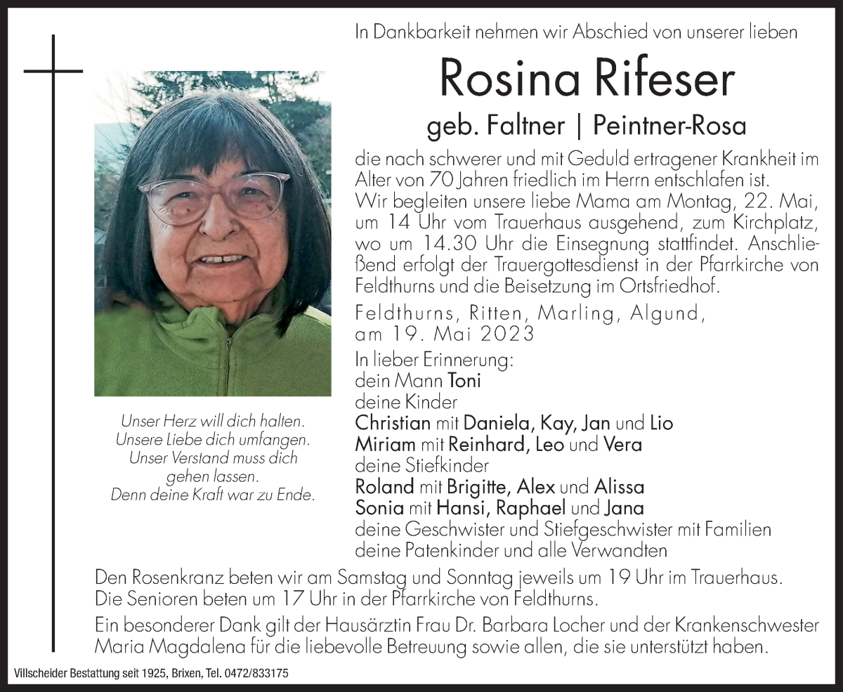  Traueranzeige für Rosina Rifeser vom 20.05.2023 aus Dolomiten