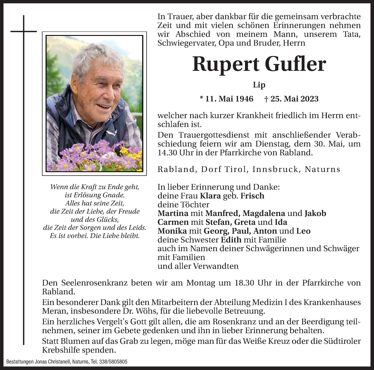  Traueranzeige für Rupert Gufler vom 27.05.2023 aus Dolomiten