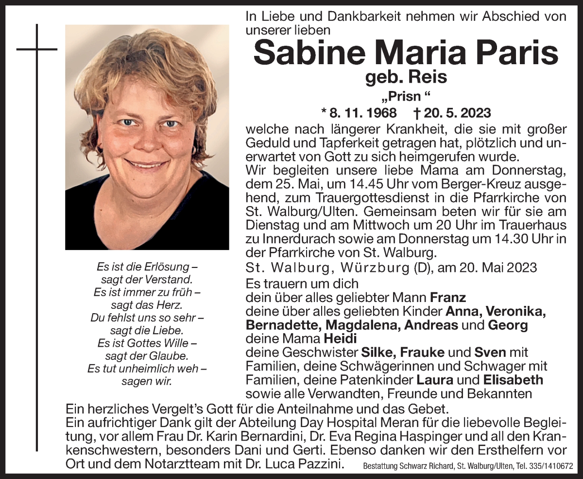  Traueranzeige für Sabine Maria Paris vom 23.05.2023 aus Dolomiten