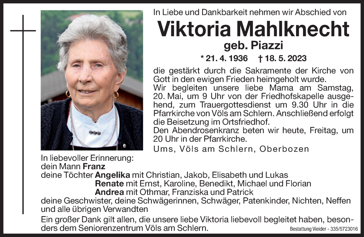  Traueranzeige für Viktoria Mahlknecht vom 19.05.2023 aus Dolomiten