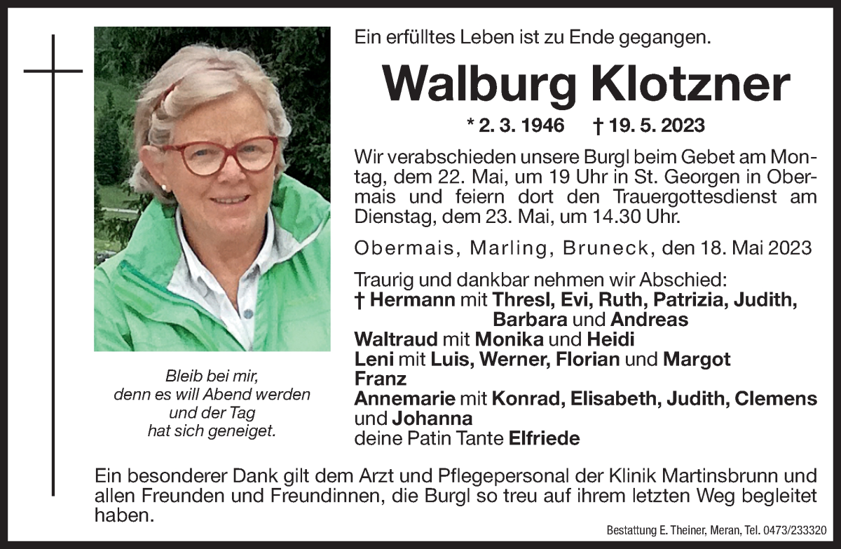  Traueranzeige für Walburg Klotzner vom 20.05.2023 aus Dolomiten