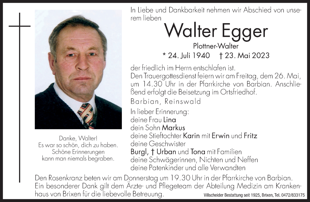  Traueranzeige für Walter Egger vom 25.05.2023 aus Dolomiten