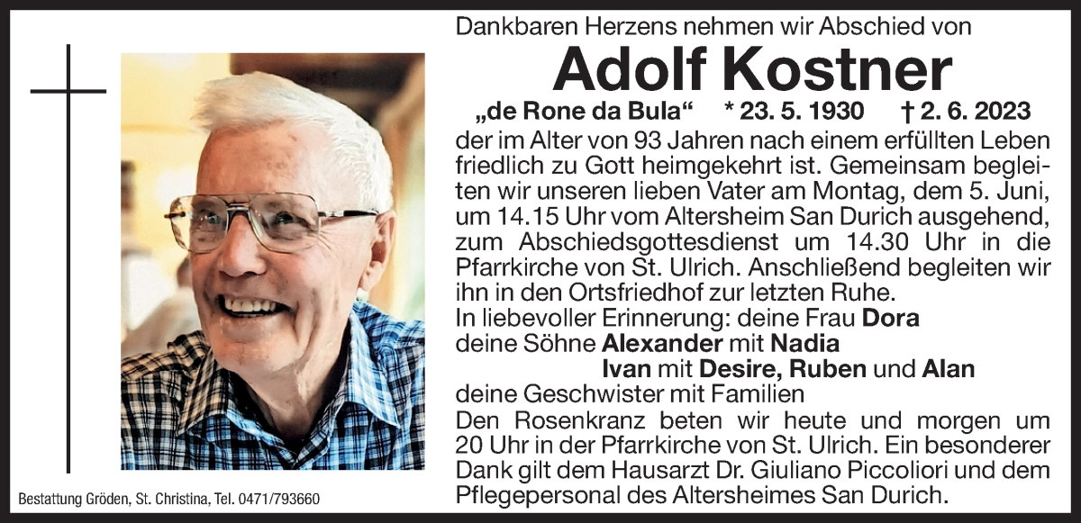  Traueranzeige für Adolf Kostner vom 03.06.2023 aus Dolomiten