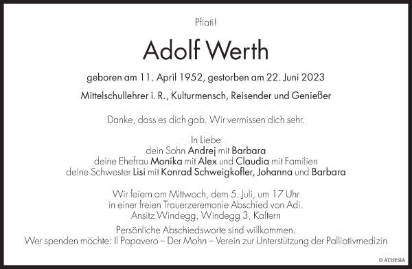 Traueranzeige von Adolf Werth von Dolomiten