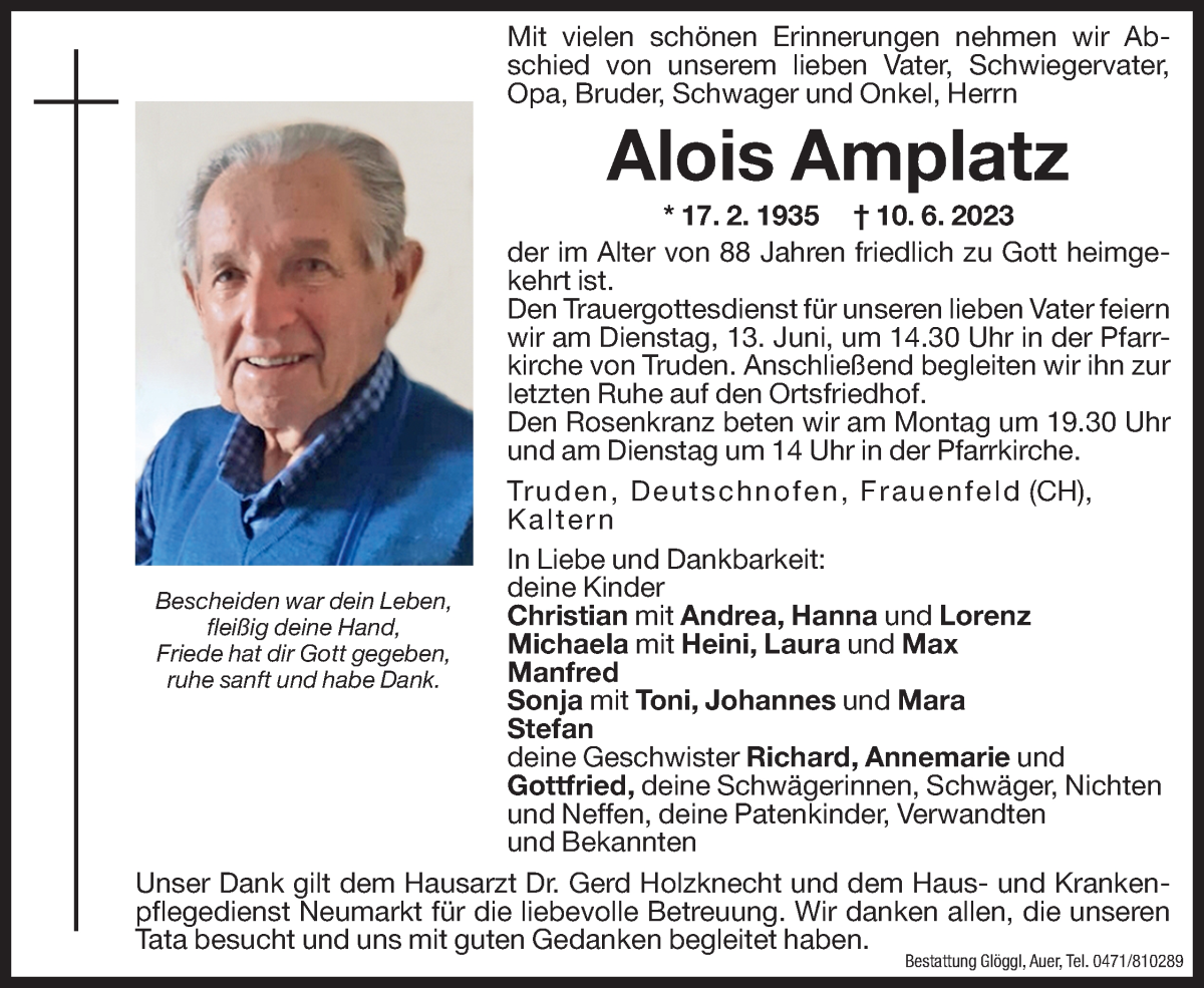  Traueranzeige für Alois Amplatz vom 12.06.2023 aus Dolomiten