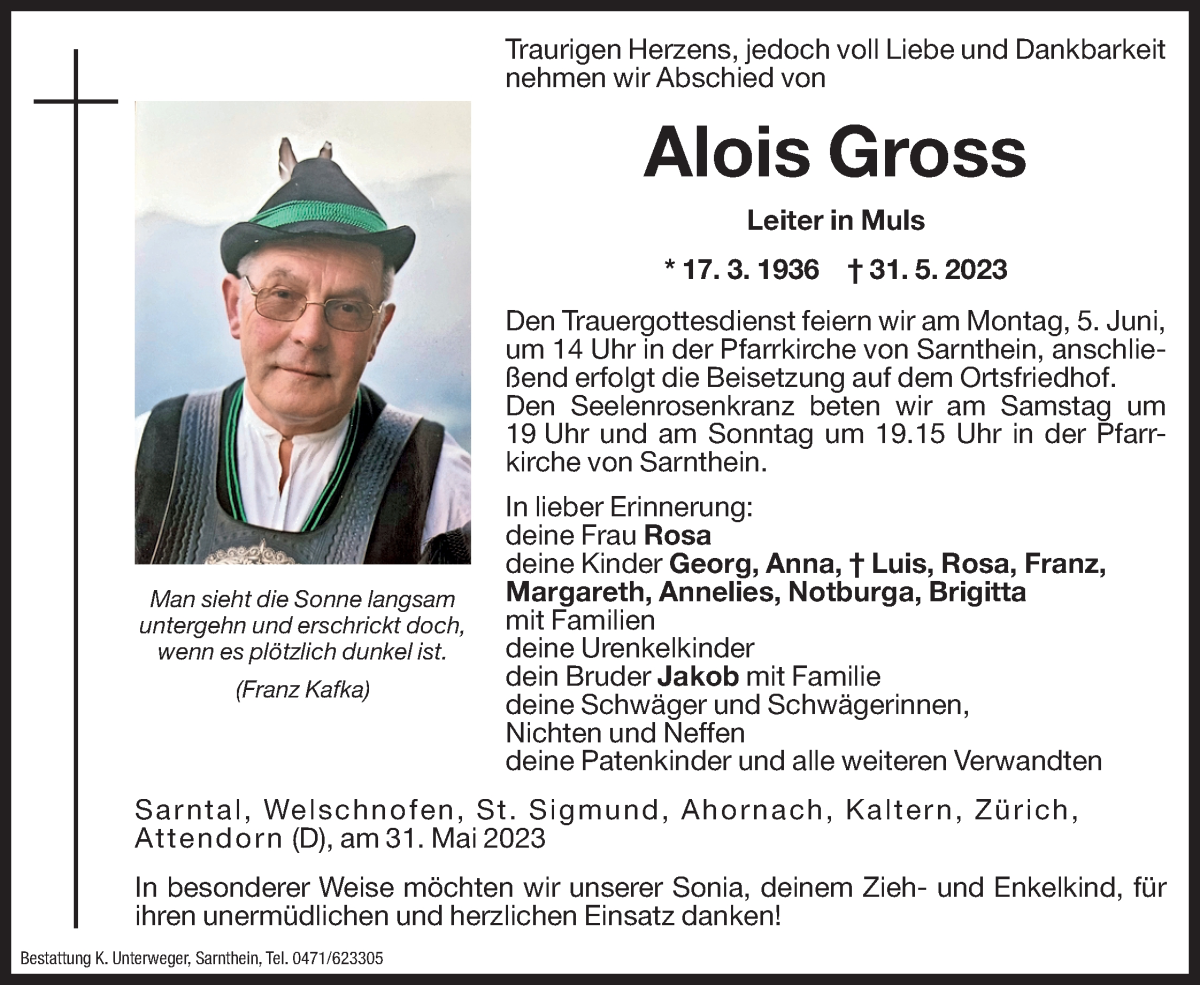  Traueranzeige für Alois Gross vom 03.06.2023 aus Dolomiten