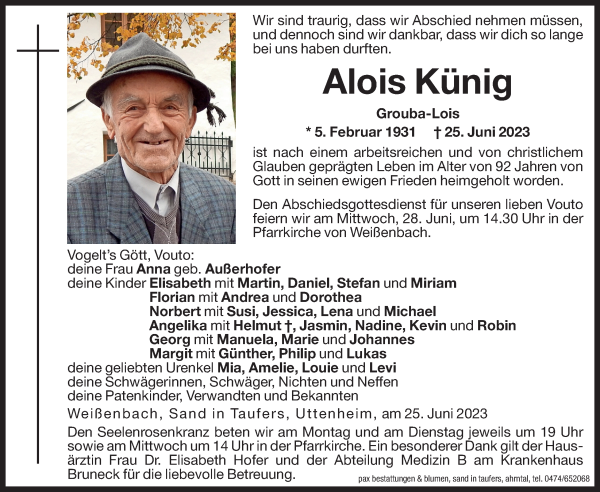 Traueranzeige von Alois Künig von Dolomiten