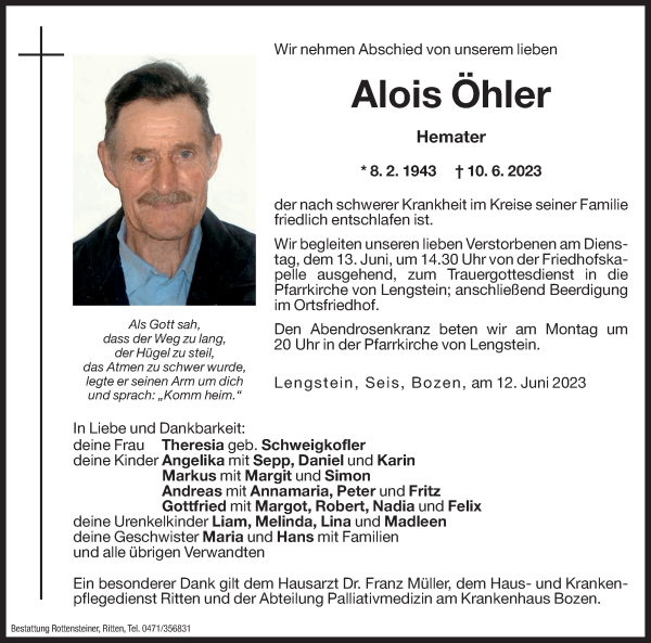 Traueranzeige von Alois Öhler von Dolomiten